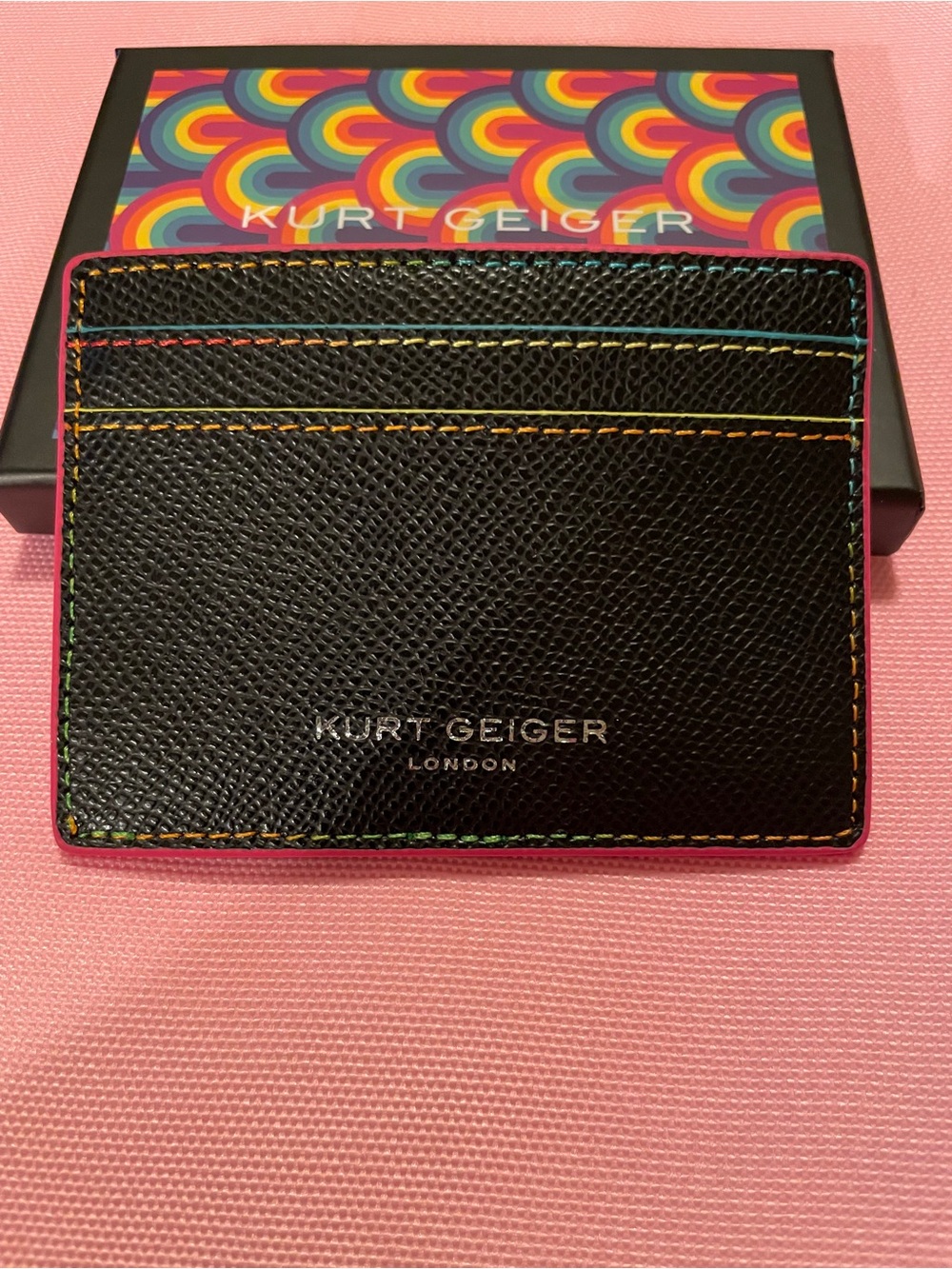 Kurt Geiger Black Card Holder with Rainbow Stitching